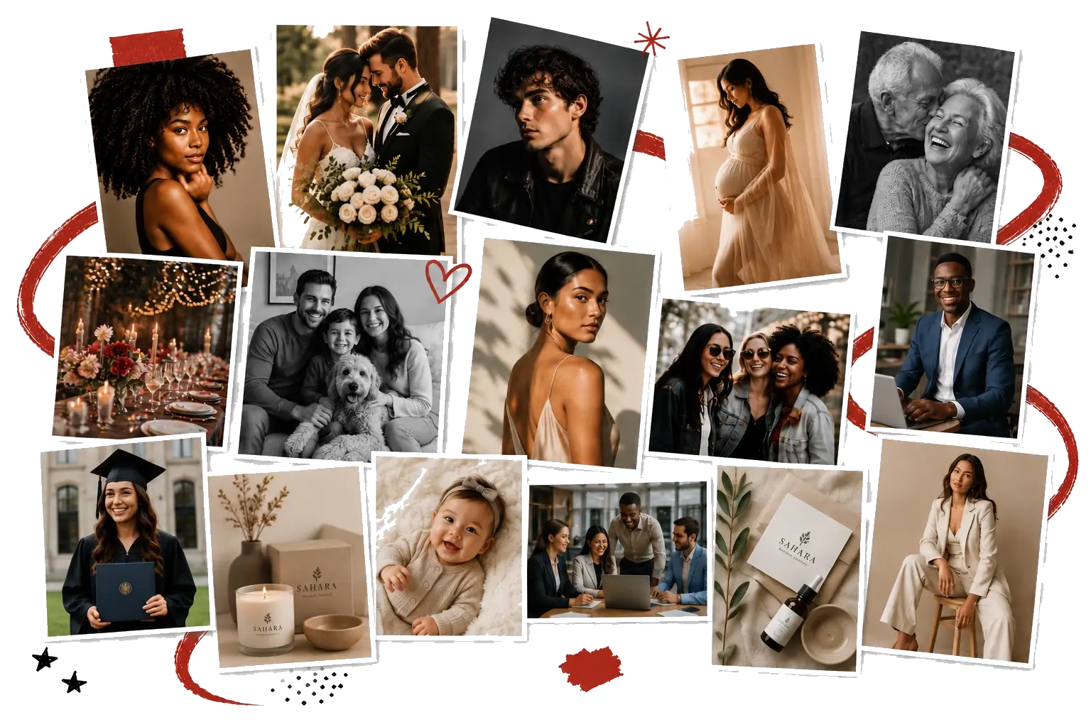 A collage of photography styles Lookspo photographers shoot: portraits, weddings, lifestyle, and more
